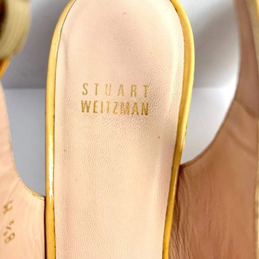 Stuart Weitzman Espadrille Peep Toe Wedge Heels Sandals Camel Tan Patent Leather - Picture 4 of 15